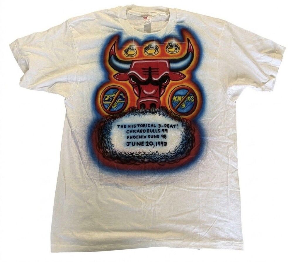 Vintage 1993 Chicago Bulls 3-Peat Bootleg T-Shirt Airbrush Graphic Hanes XL